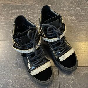 Giuseppe Zanotti Black Velvet and leather crystals High Tops women's size 38